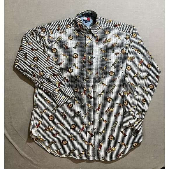 Vintage 90s Tommy Hilfiger All Over Golfer Print Button Down Shirt S Long Sleeve - Picture 1 of 8